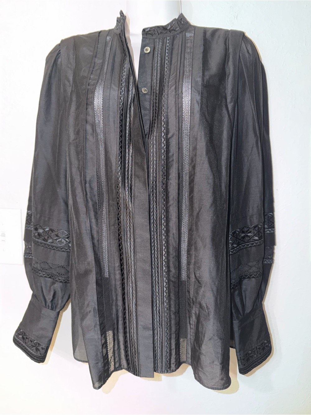 Kobi Halperin Shay Black Lace Inset Silk Blend bishop Sleeve Blouse Sz S NWT - Picture 6 of 15